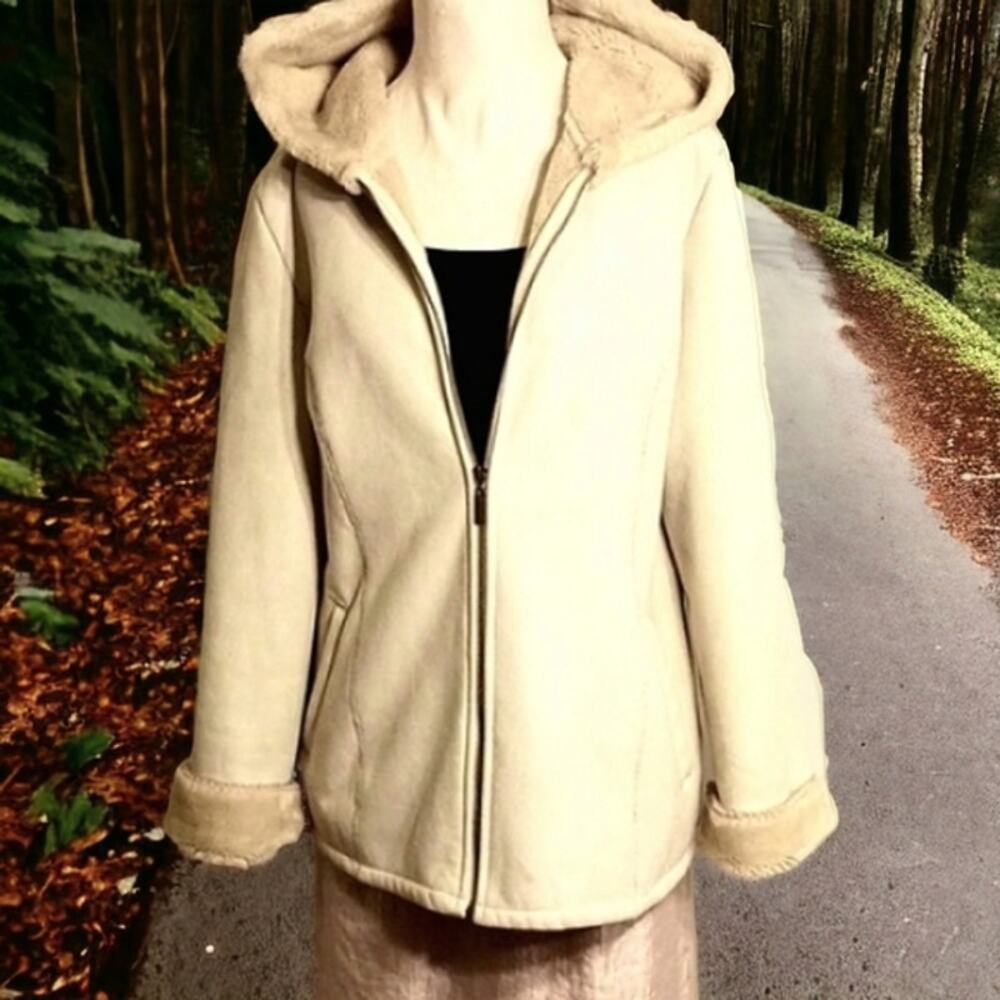 Marvin Richards Coat Women's Sz M Beige Fleece Lined Faux Suede Hood Warm Jacket - Picture 12 of 16